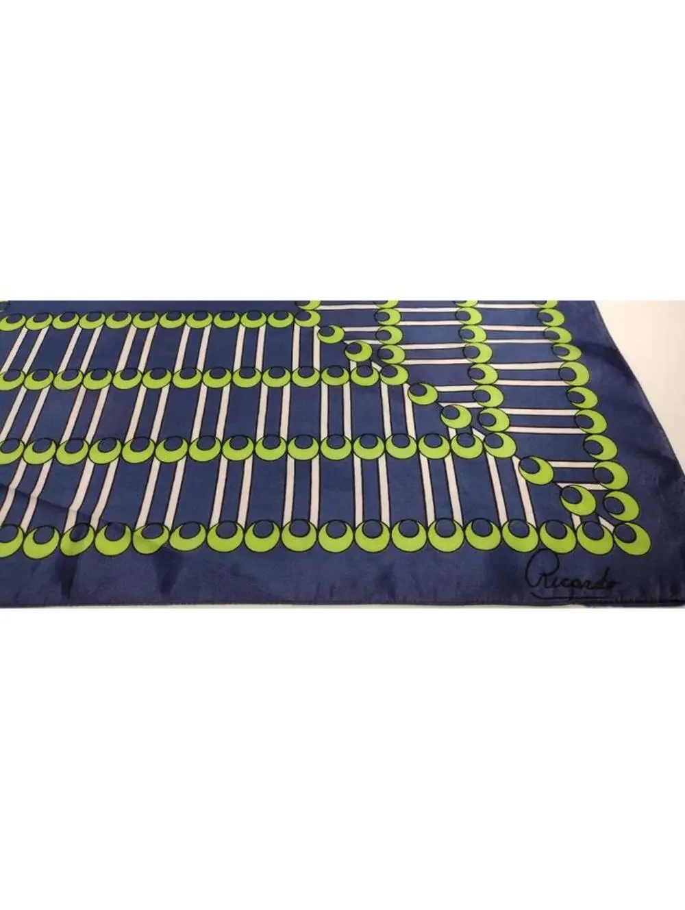 Vintage Blue Satin Scarf RICARDO POP ART Green MODERNISM FLAMBOYANT CUBAN STYLE